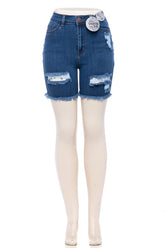 High Rise Destroyed Frayed Denim Bermuda Shorts