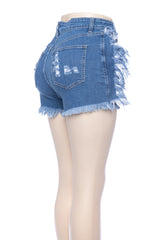 Destroyed Fringe High Rise Denim Shorts