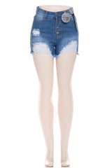 High Rise Button Fly Distressed Fray Hem Denim Shorts