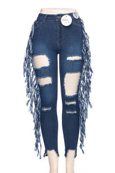 Distressed Fringe Jeans - Tassel Side Detail