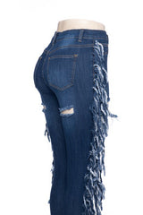 Distressed Fringe Jeans - Tassel Side Detail