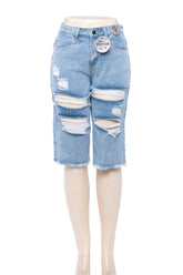 High Rise Distressed Bermuda Denim Shorts Raw Hem