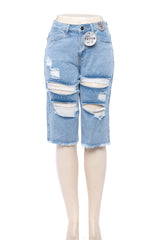 High Rise Distressed Bermuda Denim Shorts Raw Hem