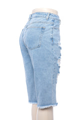 High Rise Distressed Bermuda Denim Shorts Raw Hem