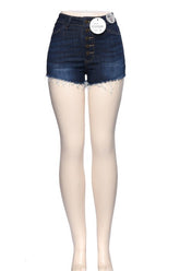 High Rise Button Fly Frayed Denim Shorts - Dark Wash