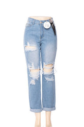 High Rise Ripped Boyfriend Jeans Relaxed Straight Fit Light