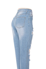 High Rise Ripped Boyfriend Jeans Relaxed Straight Fit Light
