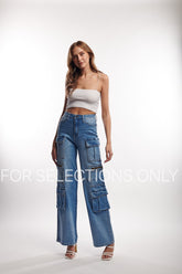 Cargo Jean - Medium Blue, Wide-Leg with Zippers