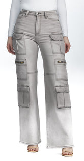High-Rise Cargo Jeans - Light Gray Utility Flare