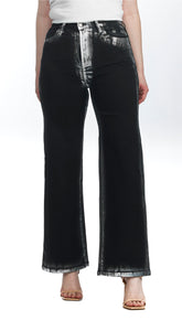 High-Rise Black Jeans - Silver Metallic Print Seam