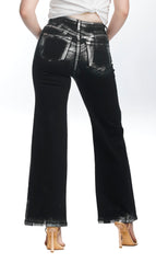 High-Rise Black Jeans - Silver Metallic Print Seam