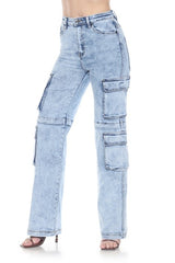 High-Rise Acid-Wash Utility Cargo Jeans
