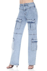 Sky-wash Cargo Jeans - High Rise Straight Leg