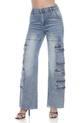 High Waisted blue denim wide-leg cargo jeans,