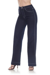 High-waisted, wide-leg or straight-leg jeans