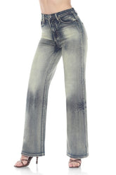 High-waisted, tinted, medium wash, straight-leg