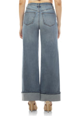 High-waisted, cuffed, wide-leg denim jeans