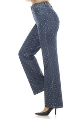 High Rise Rhinestone Wide Leg Denim Jeans Medium Wash