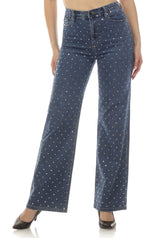 High Rise Rhinestone Wide Leg Denim Jeans Medium Wash