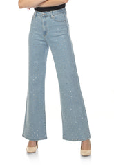 High-waisted, straight-leg jeans with blings