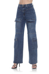 Sky-Wash Cargo Jeans - High Rise Straight Leg