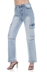 High-Rise Waist, Light-Blue Denim Cargo Jeans