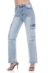 High-Rise Waist, Light-Blue Denim Cargo Jeans