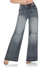 Wide Leg High Rise Jeans Dark Vintage Wash Knee Distressed