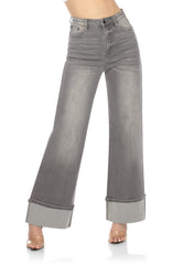 High Rise Wide Leg Jeans Grey Wash Cuffed Hem