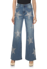 High Rise Star Rhinestone Wide Leg Denim Jeans