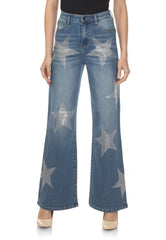 High Rise Star Rhinestone Wide Leg Denim Jeans