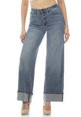 High-waisted, cuffed, wide-leg denim jeans