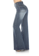 High-Waisted, Wide-Leg Jeans, studs or rhinestones