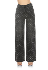 High Rise Rhinestone Wide Leg Denim Jeans Black