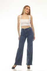 High Rise Rhinestone Wide Leg Denim Jeans Medium Wash