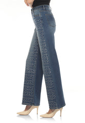 High Rise Rhinestone Wide Leg Jeans - Vintage Wash