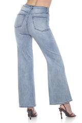 High Rise Crop Flare Jeans w/ Knee Distress Light Wash