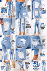 High Rise Back Destroyed Skinny Jeans - Light Wash Denim