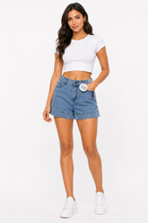 Women High Rise Cuffed Denim Shorts Light Wash Roll Hem Jean