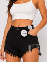 Rhinestone Fringe High Rise Black Denim Shorts Raw Hem