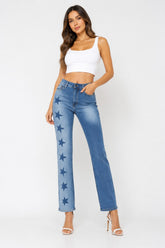 Star Print High Rise Straight Leg Jeans Light Wash Denim