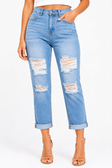 High Rise Distressed Boyfriend Jeans with Rolled Cuff