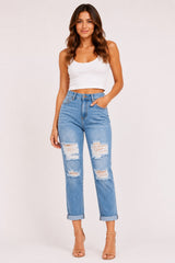 High Rise Distressed Boyfriend Jeans with Rolled Cuff