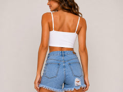 High Rise Distressed Frayed Hem Denim Boyfriend Shorts