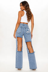 High Rise Extreme Distressed Wide Leg Jeans - Light Vintage