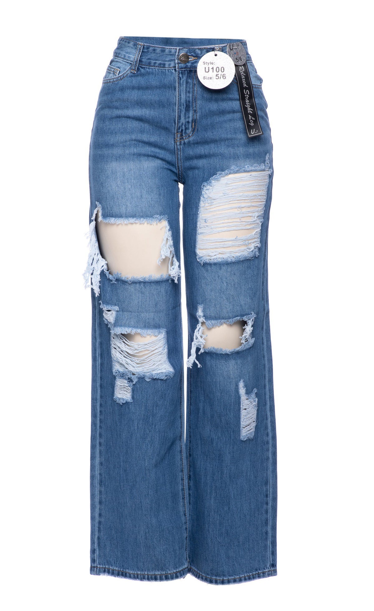 Faded Wide-Leg Jeans with Heavy Distressing