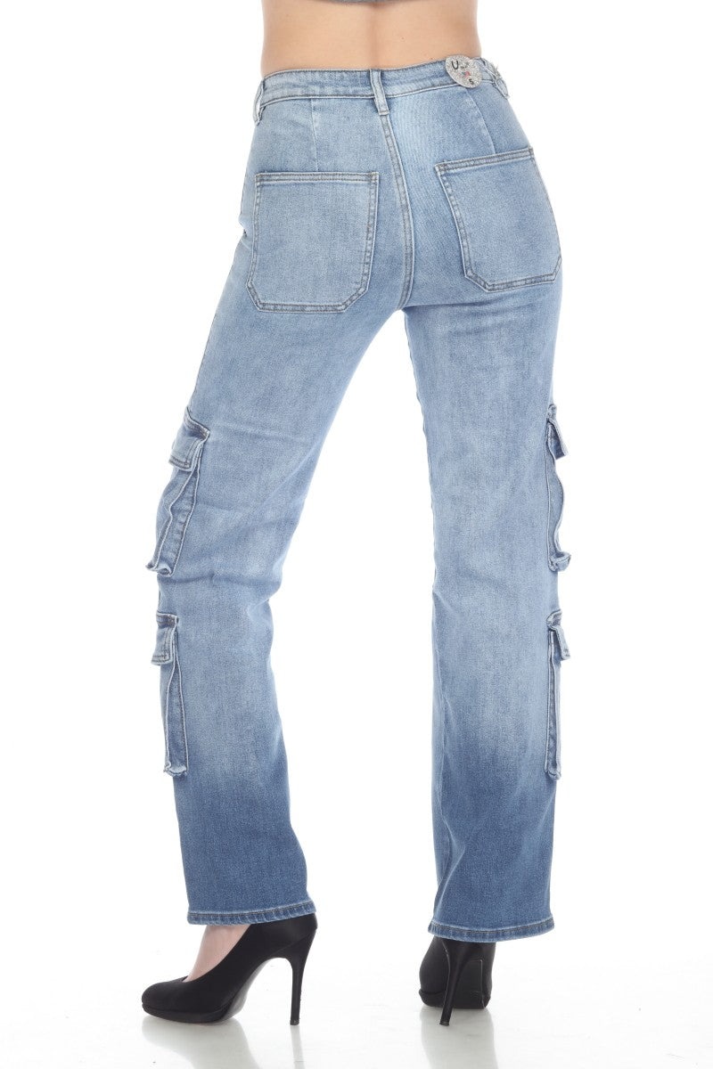 High Waisted, Straight Cargo Jeans