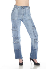 High Waisted, Straight Cargo Jeans