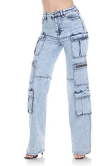 High-Rise Acid Wash Cargo Jeans - Zipper Detail