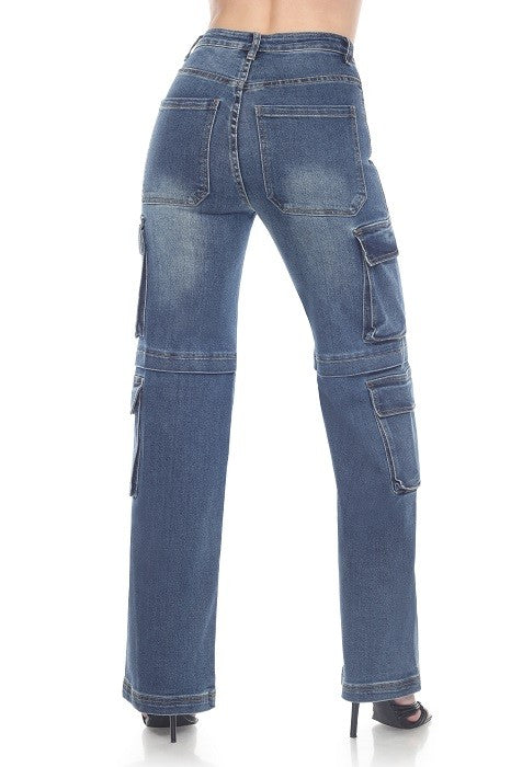 High-Rise Cargo Jeans - Faded Wash Utility Fit